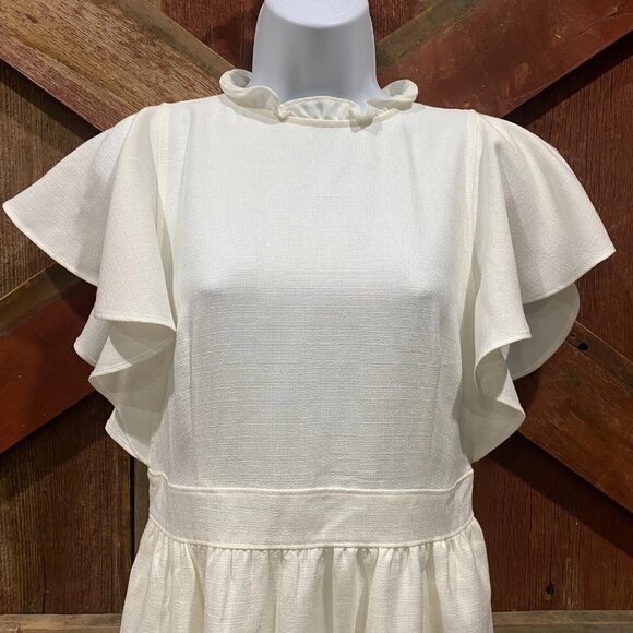 Express X Ladygang Ruffle Mini Dress Sz 6 White Flutter Country Western Peasant - Picture 2 of 16